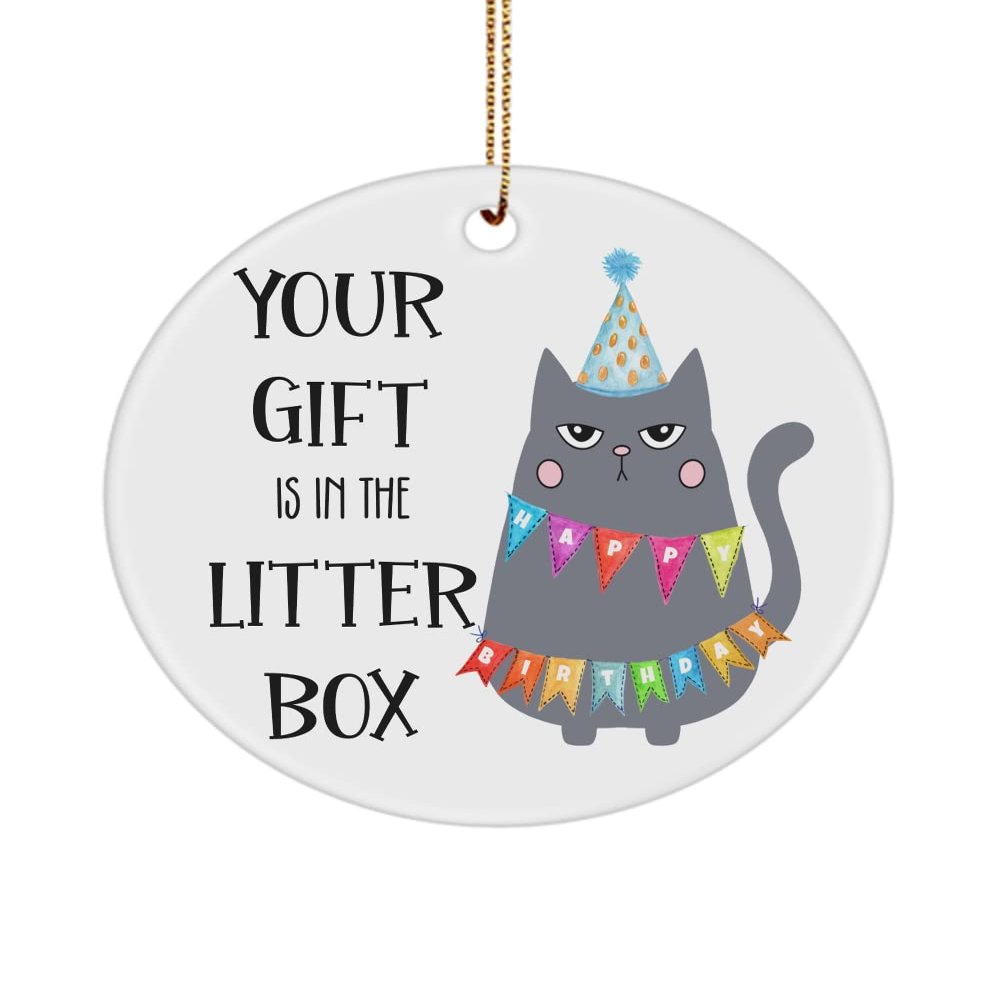 Birthday Ornament Funny Grumpy Cat Your Gift is in The Litter Box Sarcastic Happy Bday Ideas for Friends or Coworker Novelty Unique 3 inch Round Ceram