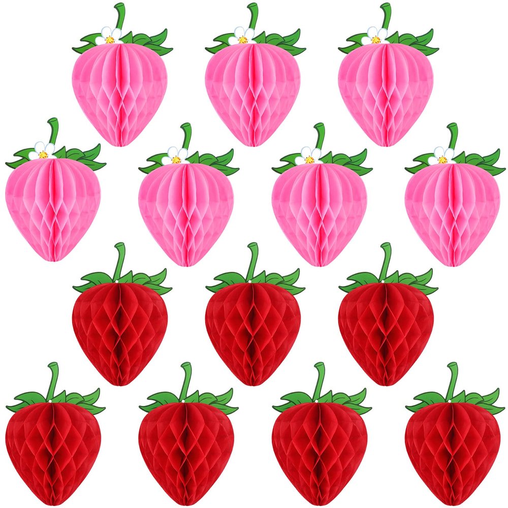14 Pieces 6 Inches Strawberry Honeycomb Birthday Party Decorations Paper Strawberry Ball Tissue Shortcake Party Decorations for Girls Baby Shower Birthday(Red, Pink)