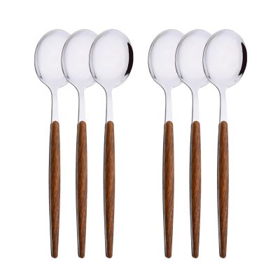 Uniturcky 6-Piece Dinner Spoons Set, Food Grade Stainless Steel Spoons for Home Hotel Restaurant, Silver Mirror Polished, Faux Wooden Clip Handle Design, 8.0inch Durable Spoons Set, Dishwasher Safe