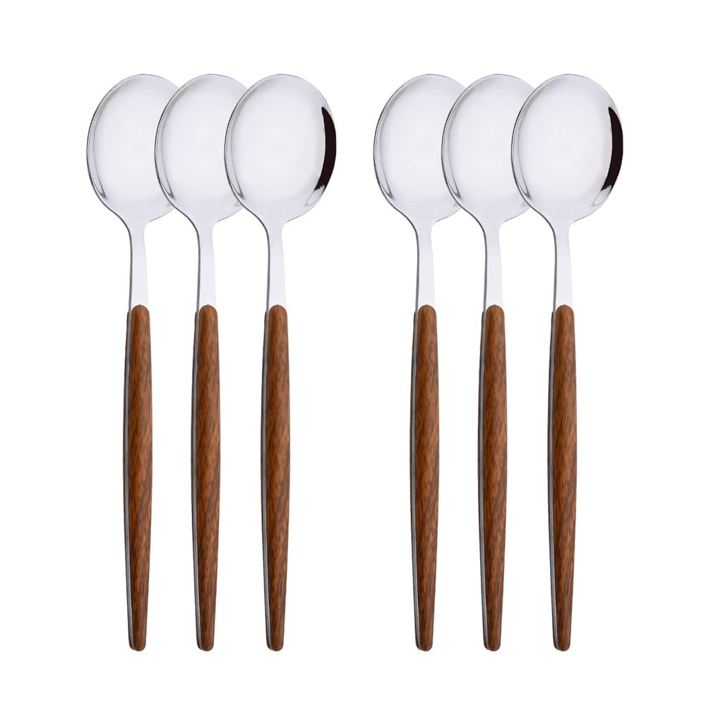 Uniturcky 6-Piece Dinner Spoons Set, Food Grade Stainless Steel Spoons for Home Hotel Restaurant, Silver Mirror Polished, Faux Wooden Clip Handle Design, 8.0inch Durable Spoons Set, Dishwasher Safe