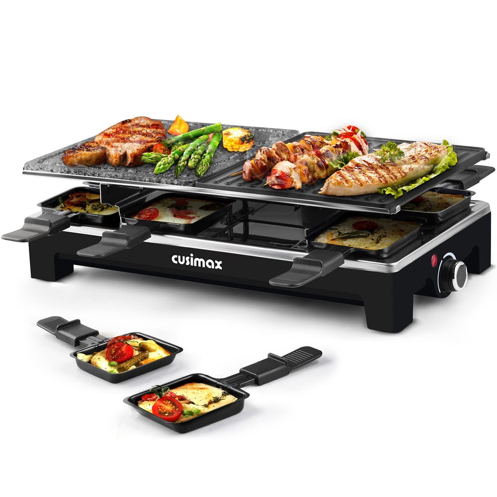 Raclette Table Grill, CUSIMAX Indoor Grill Electric Grill, Portable Korean BBQ Grill with 2 in 1 Reversible Non-stick Plate & Natural Grill Stone, 8 Raclette Pans 8 Wooden Spatulas for Family Fun