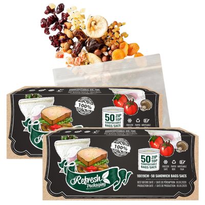 Refresh Packaging BPA-Free Freezer Bags (50 Count, 2-Pack) - 100% Certified Compost Safe - Leak-Proof Zip Top Ziploc Bags for Frozen Food & Snack Storage - Zero Waste & Zero Plastic Bag Pack (Small)