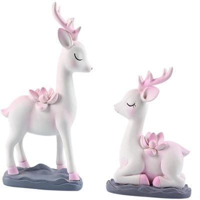 2pcs Deer Statues Miniature Reindeer Figurines Modern Art Ornament for Christmas TV Stand Bookshelf Decor - White