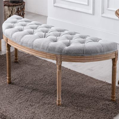 Kmax 55" Upholstered Bench Tufted Fabric Bench Vintage Semi-Circle Entryway Bench Carved Pattern&Rubber Wood Legs for End of Bed, Grey