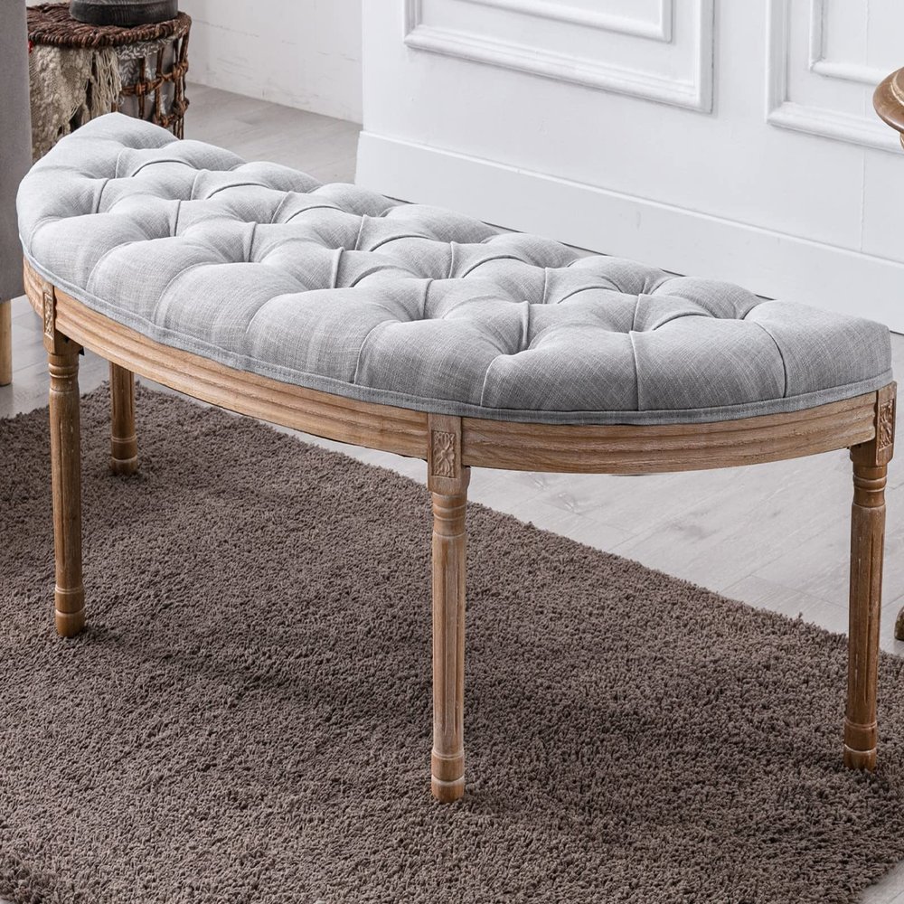 Kmax 55" Upholstered Bench Tufted Fabric Bench Vintage Semi-Circle Entryway Bench Carved Pattern&Rubber Wood Legs for End of Bed, Grey