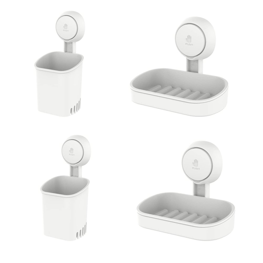 LEVERLOC Toothbrush and Soap Holder Sets,4 Packs Shower Toothbrush Holder Suction Cup Wall Mounted and Soap Dish for Shower Bathroom NO-Drilling Removable Self Draining for Kitchen