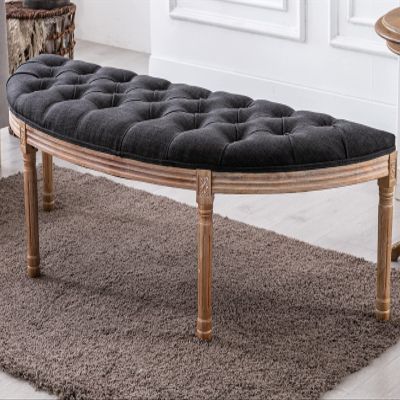 Kmax 55" Upholstered Bench Tufted Fabric Bench Vintage Semi-Circle Entryway Bench Carved Pattern&Rubber Wood Legs for End of Bed, Charcoal Black