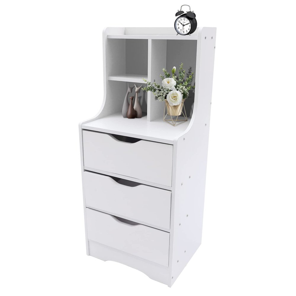 33 Inch High White Nightstand W/Storage Shelf Bedroom Nightstand, Modern Bedside End Table with 3 Drawers Multifunction MDF Material Night Stand Bedroom Storage Drawer Cabinet