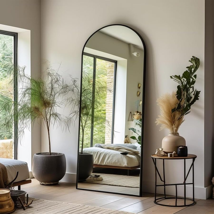 Dewfig Arched Full Length Mirror, 64"x21" Large Floor Mirrors with Stand, Full Body Mirror for Leaning Hanging, Standing Mirrors for Bedroom, Living Room,Dressing Room, Aluminum Alloy Frame, Black