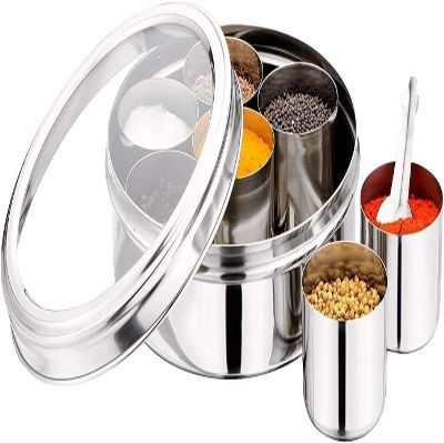 Stainless Steel Indian Spice Masala Box Container Dabba with See Through Lid with 7 Spice Organizer Containers Box, size 9 X 9 Inch