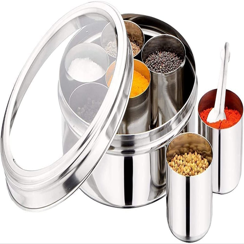 Stainless Steel Indian Spice Masala Box Container Dabba with See Through Lid with 7 Spice Organizer Containers Box, size 9 X 9 Inch