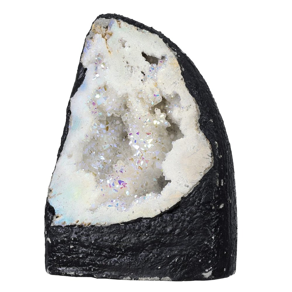 SUNYIK Natural Rainbow Titanium Coated Quartz Geode Quartz Crystal Cluster Specimen for Home Office Decoration Reiki Healing Meditation, 200-370g(0.4-0.8lb), White AB Crystal
