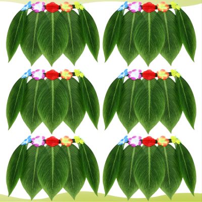 Janmercy 6 Pcs Green Leaf Skirts Hula Grass Skirts with Artificial Flowers Hawaiian Costume for Women Summer Luau Party