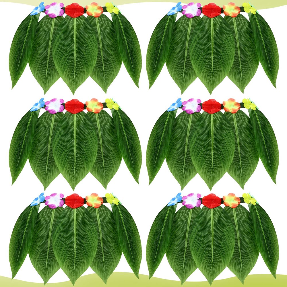 Janmercy 6 Pcs Green Leaf Skirts Hula Grass Skirts with Artificial Flowers Hawaiian Costume for Women Summer Luau Party