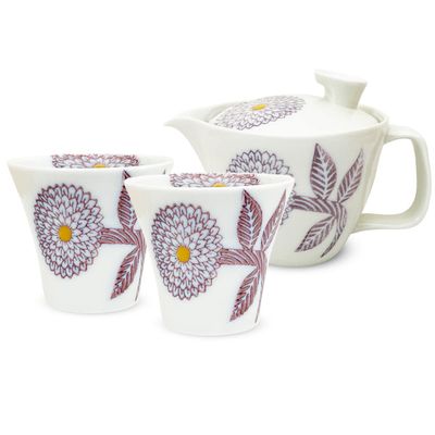 J-kitchens Kiln Teapot Set, Hasami Ware Set, Made in Japan, (Teapot, Pair Teacup and Tea Cookware Set) 8.5 fl oz (240 ml), 4.5 fl oz (130 ml), For 1 to 2 People, With Tea Strainer, Dahlia Purple, S