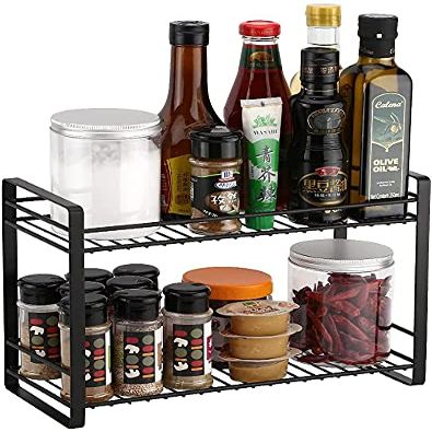 Pkfinrd Kitchen Cabinet Spice Rack Organiser Countertop Storage Shelf 2 Tiers Metal Mesh Freestanding Rack Holder Spice Jars Bottles Toiletries Makeups Bathroom Pantry Office Black