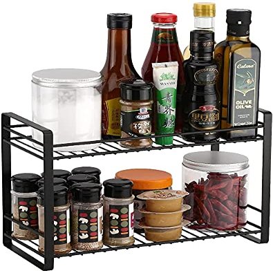 Pkfinrd Kitchen Cabinet Spice Rack Organiser Countertop Storage Shelf 2 Tiers Metal Mesh Freestanding Rack Holder Spice Jars Bottles Toiletries Makeups Bathroom Pantry Office Black