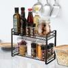 Pkfinrd Kitchen Cabinet Spice Rack Organiser Countertop Storage Shelf 2 Tiers Metal Mesh Freestanding Rack Holder Spice Jars Bottles Toiletries Makeups Bathroom Pantry Office Black view 2