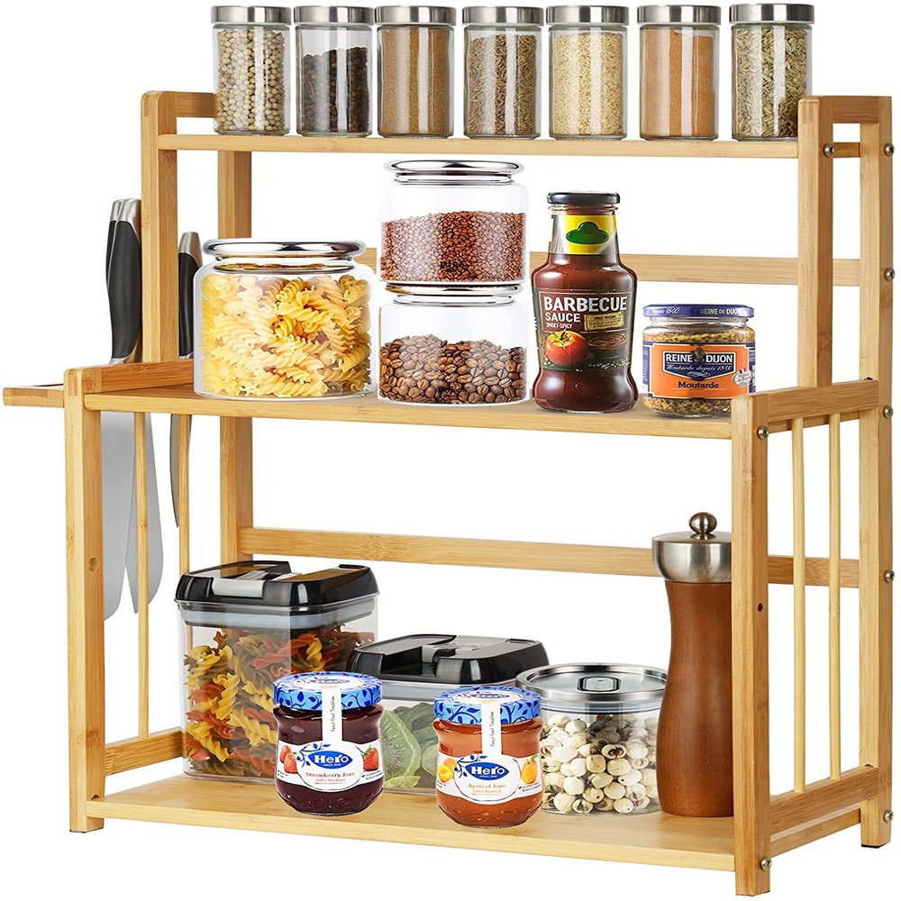 Pkfinrd Spice Rack, 3-Tier Kitchen Countertop Organizer Holder Racks, Freestanding Jar Rack with Knife Holder, Seasoning Rack for Jars & Herbs, Storage Shelf for Kitchen Bathroom Bedroom