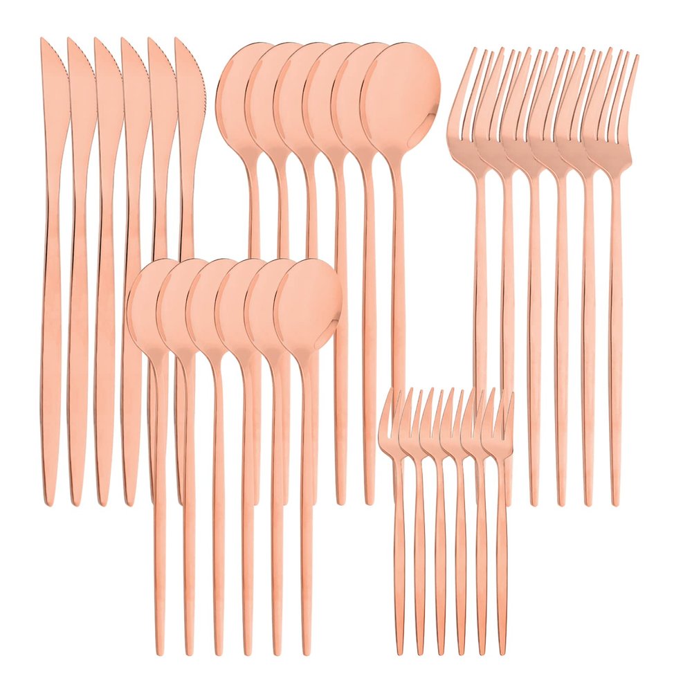 30Pcs Copper Flatware Set for 6 With Dessert Spoon And Cake Fork Silverware Cutlery Set, Snplowum Stainless Steel Utensils Set Basics Tableware, Mirror Polished, Dishwasher Safe