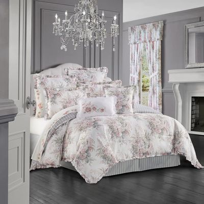 4 Piece Blush Pink Comforter California King Size Cottage, Shabby Chic Style Floral Pattern Flowers Design Blooming Bedskirt Included | All Season Farmhouse Bedding Coastal Ruffled Cream Shade Glam