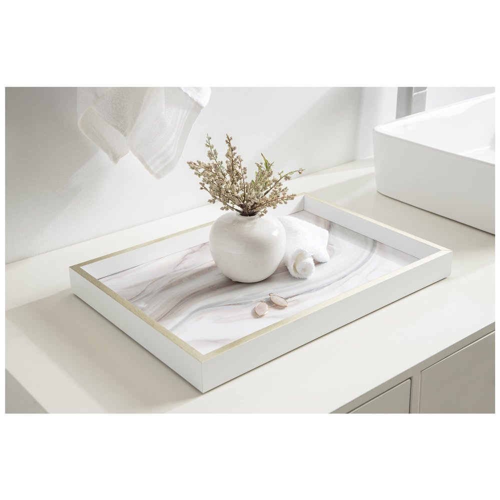 13x19 Inch Decorative Wood Ottoman/Coffee Table Tray Featuring Marble Water