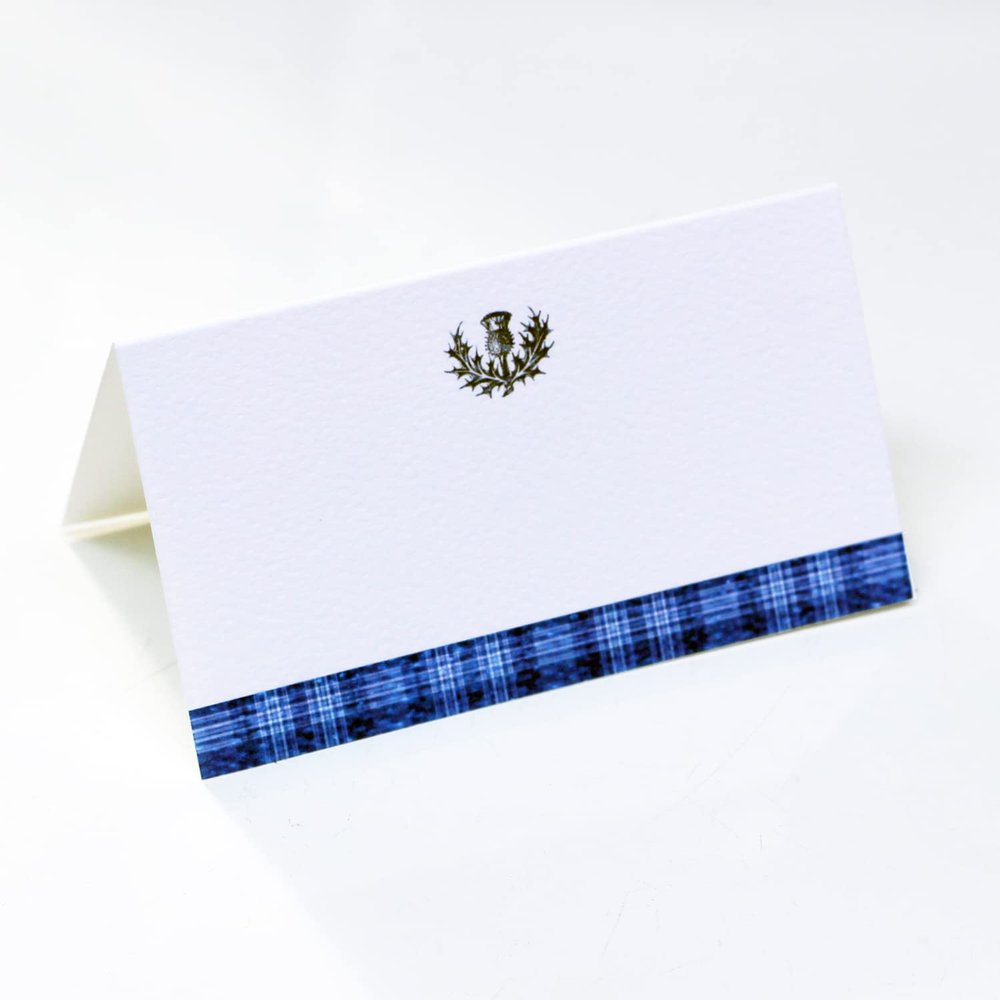 Place Cards with Blue Tartan Plaid and Scottish Thistle Design for Weddings, Showers, and Holiday and Dinner Parties. Table Tent Style, Scored for easy folding. (12)