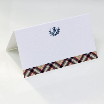 Place Cards with Tan/Black/Red Tartan Plaid and Scottish Thistle Design for Weddings, Showers, and Holiday and Dinner Parties. Table Tent Style, Scored for easy folding. (50)