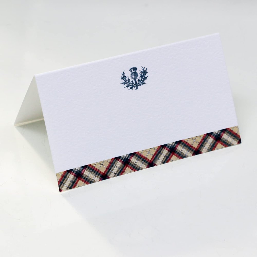 Place Cards with Tan/Black/Red Tartan Plaid and Scottish Thistle Design for Weddings, Showers, and Holiday and Dinner Parties. Table Tent Style, Scored for easy folding. (50)