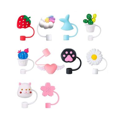 10pcs Cartoon Straw Toppers Reusable Drinking Straw Caps Cute Covers Tumbler Cups Tips Lids Protectors Cup Accessories
