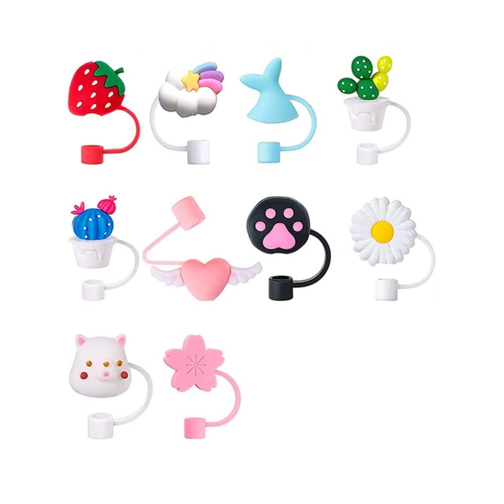 10pcs Cartoon Straw Toppers Reusable Drinking Straw Caps Cute Covers Tumbler Cups Tips Lids Protectors Cup Accessories