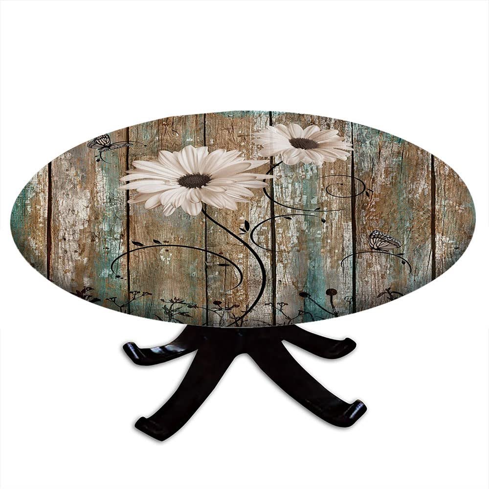 VBTGVE Rustic Floral Round Fitted Tablecloth, Farmhouse Old Wooden Garage Door American Country Farm Style, Suitable for Restaurant Kitchen Parties, Fit for 48" Table,