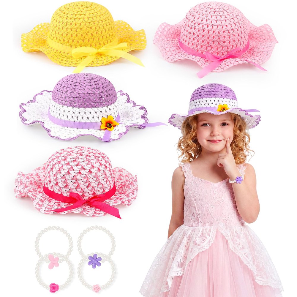 Zhanmai 4 Pcs Girl Tea Party Hats with Bracelets, Straw Sun Dress up