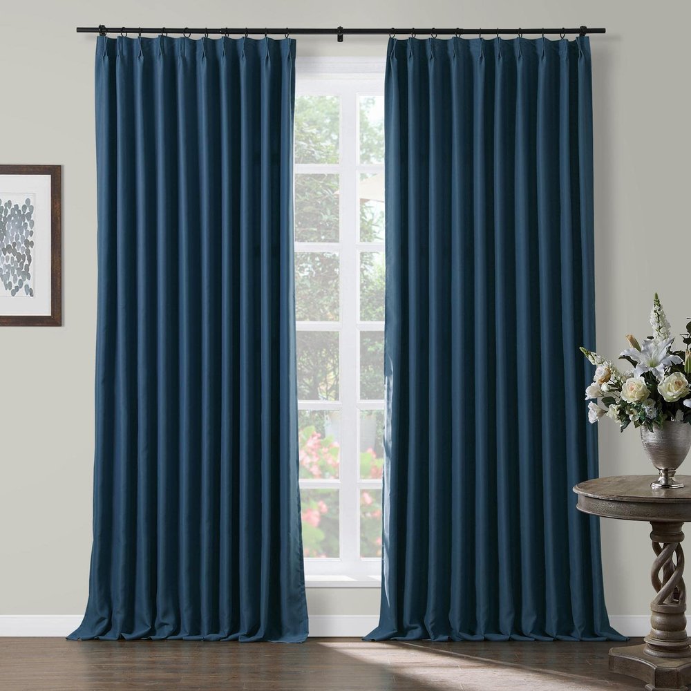 TWOPAGES Navy Pinch Pleated Room Darkening Curtain 102 Inches Long, Solid Thermal Insulated Memory Shaped Window Drapes for Bedroom,1 Panel