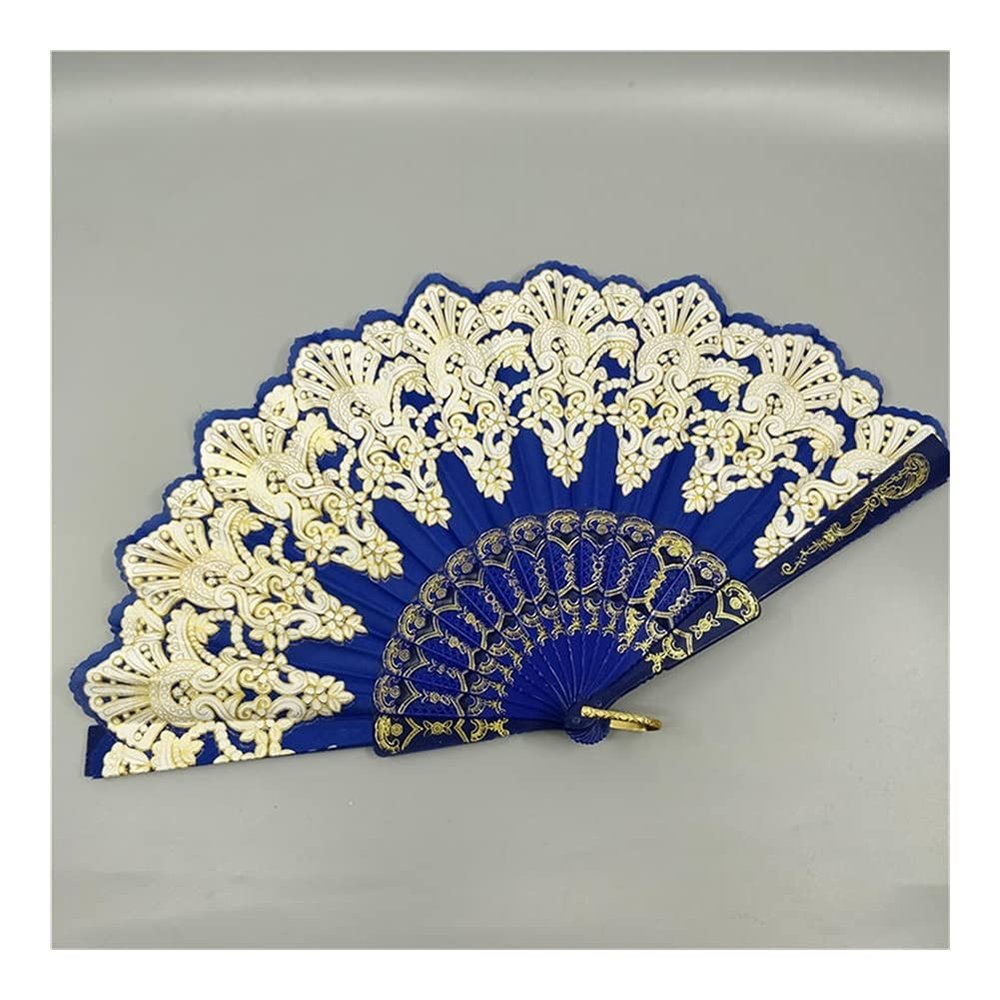 Handmade Folding Fan Folding Hand Held Fan Flower Lace Black Wedding Dance Party Silk Fans Luxury Fashion Hot Stamping Fan Spanish Style Handheld Fan (Color : Royal Blue)