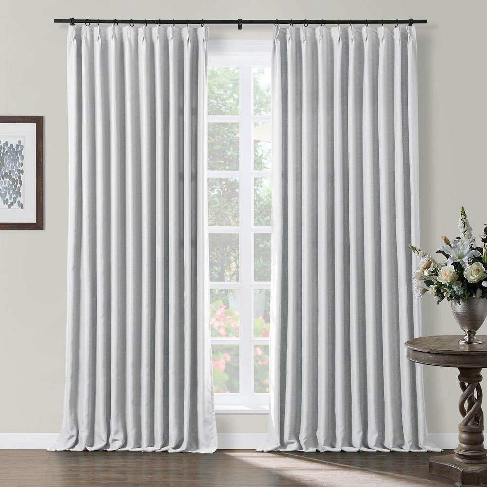 TWOPAGES Grey White Pinch Pleated Room Darkening Curtain 102 Inches Long, Solid Thermal Insulated Memory Shaped Window Drapes for Bedroom,1 Panel
