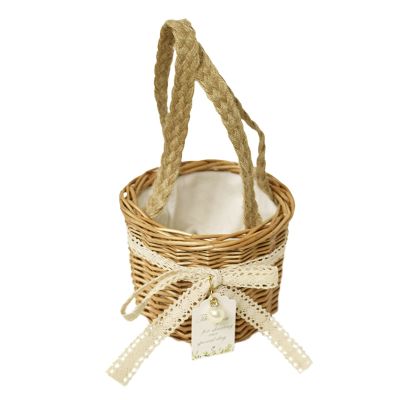 Mokylor 2pcs Mini Rattan Woven Basket with Handle, Wicker Rattan Flower Basket with cloth Insert and Bow Wedding Flower Girl Baskets for Wedding Boho Decorative
