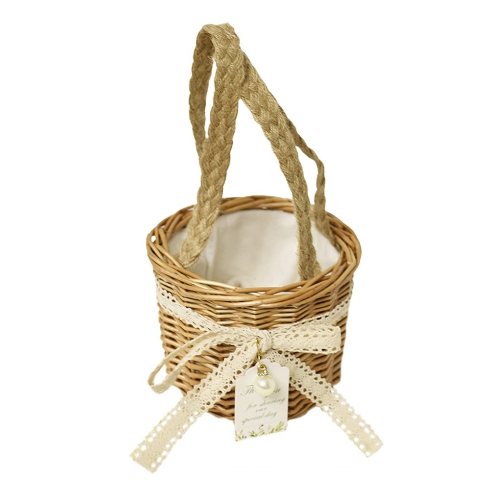 Mokylor 2pcs Mini Rattan Woven Basket with Handle, Wicker Rattan Flower Basket with cloth Insert and Bow Wedding Flower Girl Baskets for Wedding Boho Decorative