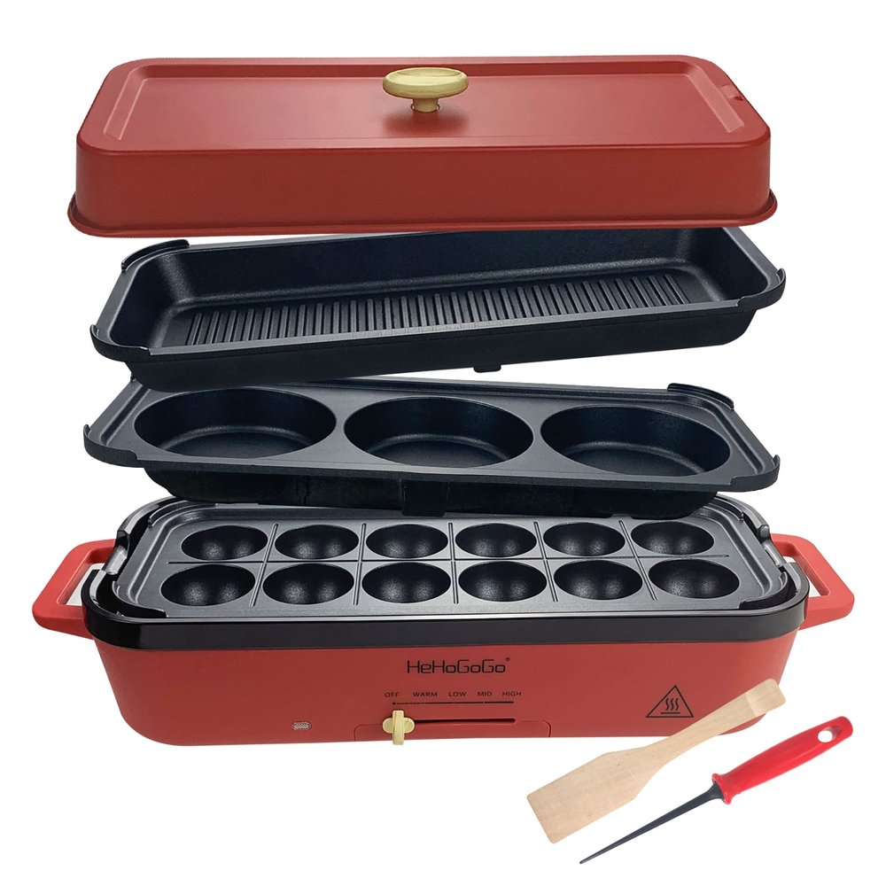 HeHoGoGo Multifunctional Electric Griddle Electric Grill Nonstick Baking Maker with 3 Interchangeable Pans For Takoyaki Cake Pop/ Mini Pancake/ Fried Steak