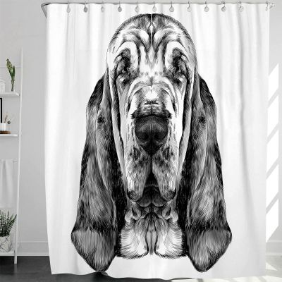 Abaysto Animal Dog Shower Curtain The Head of Dog Breed Bloodhound Graphics Sketch Black and White Cute Home Decor Polyester Fabric Shower Curtain Sets with Hooks Great Gift 36x72 Inch
