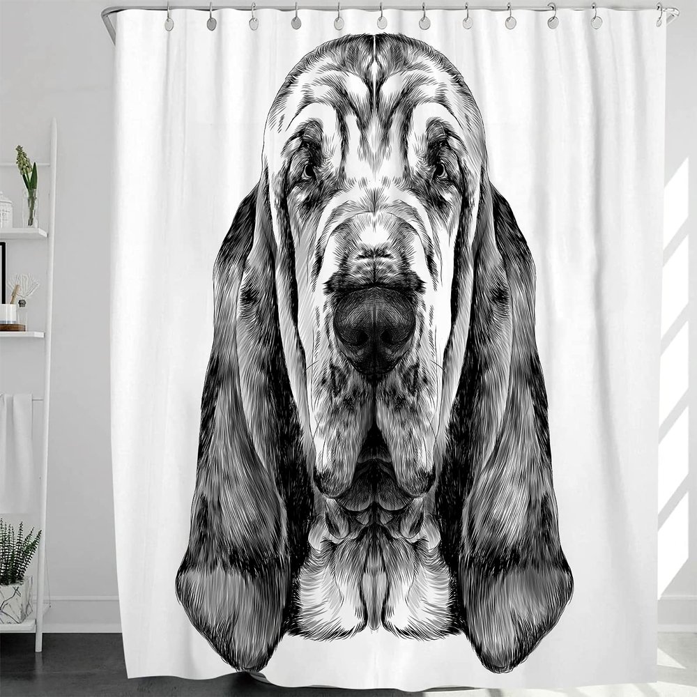 Abaysto Animal Dog Shower Curtain The Head of Dog Breed Bloodhound Graphics Sketch Black and White Cute Home Decor Polyester Fabric Shower Curtain Sets with Hooks Great Gift 36x72 Inch