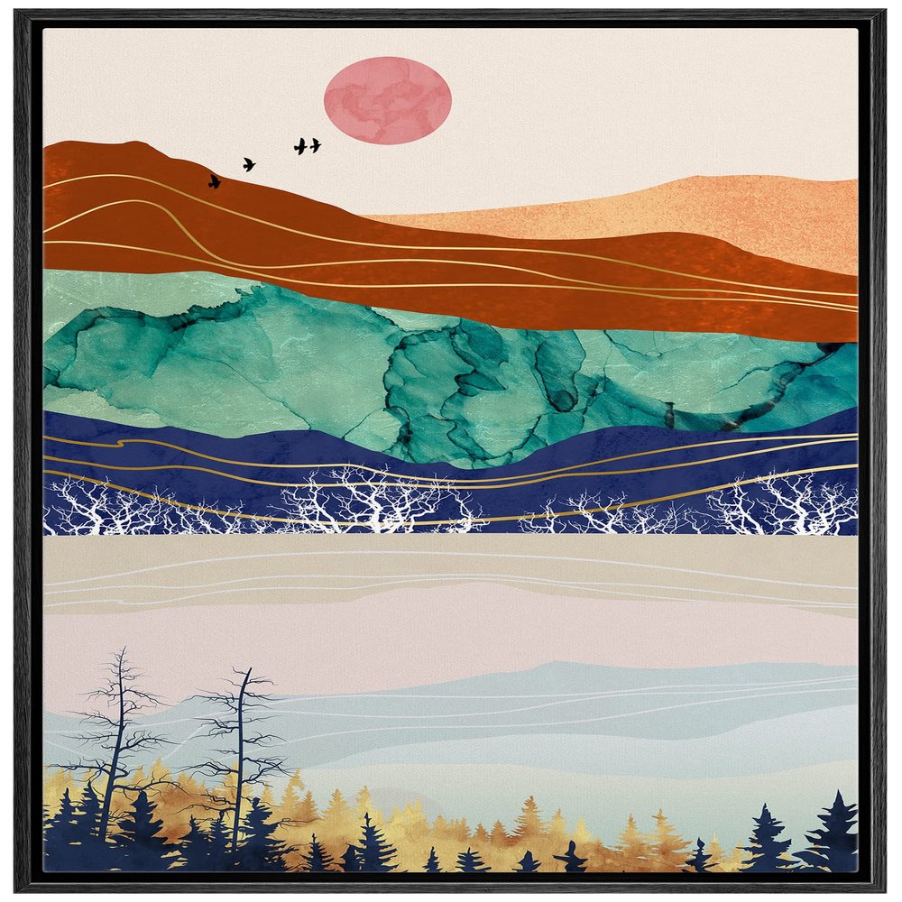 IDEA4WALL Framed Canvas Print Wall Art Marble Watercolor Mountain Range Forest Nature Abstract Illustrations Modern Art Rustic Landscape Multicolor for Living Room, Bedroom, Office - 16"x24" Black