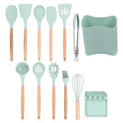 Kitchen Cooking Utensils Set, 13Pcs Non-stick Silicone Kitchen Utensils Set Heat Resistant Kitchen Tools Set with Holder Spatula Set with Wooden Handle(Light Green)