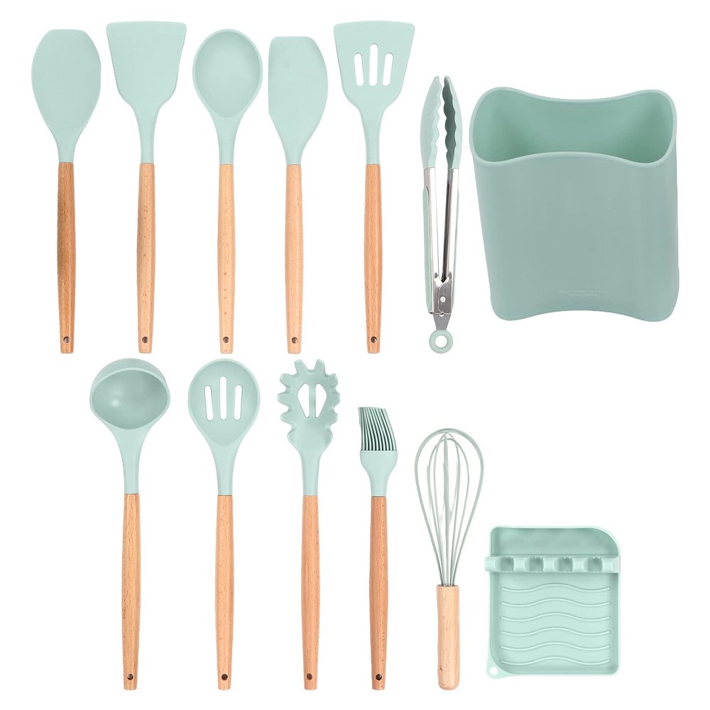 Kitchen Cooking Utensils Set, 13Pcs Non-stick Silicone Kitchen Utensils Set Heat Resistant Kitchen Tools Set with Holder Spatula Set with Wooden Handle(Light Green)