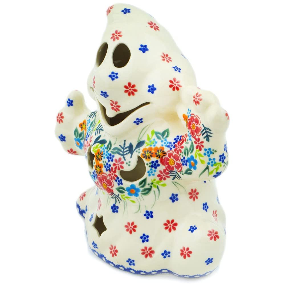 Polmedia Polish Pottery Ghost Candle Holder - Delicate Gardens Pattern Handmade in Boleslawiec Poland + Certificate of Authenticity