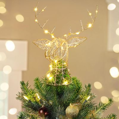Luxspire Christmas Tree Topper, 3D Deer Lighted Tree Topper with USB Plug-in & Remote Control, Light Up Xmas Vintage Modern Ornaments Decor Lights for Home Party, Silver