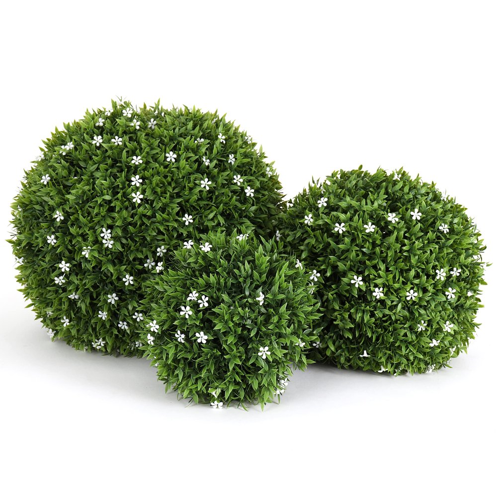 3rd Street Inn Topiary Ball Assortment - Artificial Plant Set - Indoor/Outdoor Wedding Party Decor - Faux Foliage Garden Sphere - Tree and Bush Substitute (15", 11", 7" (White Flower))