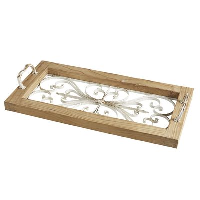 47th & Main Wood and Glass Decorative Tray, 26.5" L x 13.5" W x 4" H, Natural/Antique White