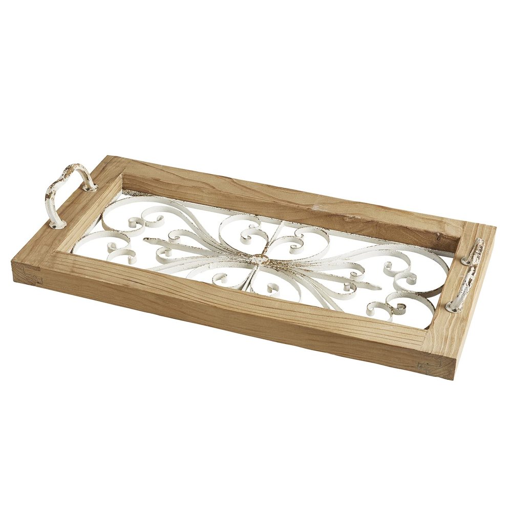 47th & Main Wood and Glass Decorative Tray, 26.5" L x 13.5" W x 4" H, Natural/Antique White