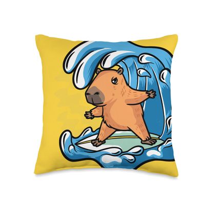 Capybara Rodent Beach Surfing Waves Ocean Surfer Throw Pillow